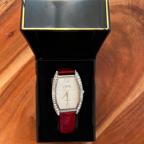 NWOT CACHE RED/ SILVER WATCH WITH GENUINE LEATHER BAND - Picture 10 of 10